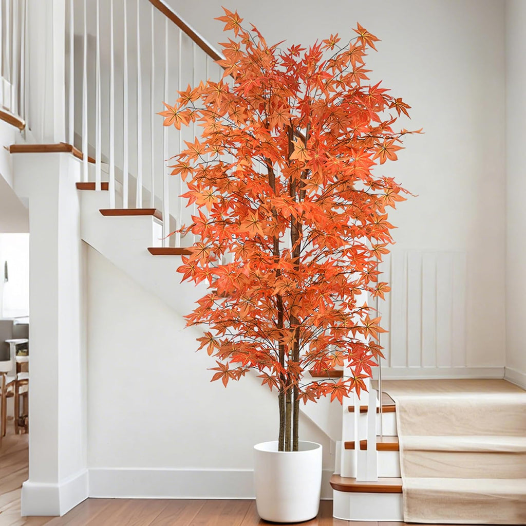 Red Maple Tree 7FT Tall Faux Plant with Natural Trunks and Realistic Leaves,Fake Floor Potted Artificial Plants