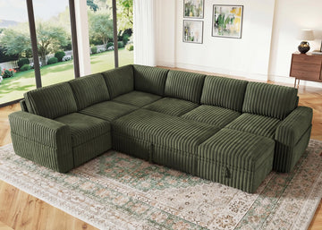 Corduroy U Shaped Sectional Sleeper Sofa with Pull Out Bed, Green