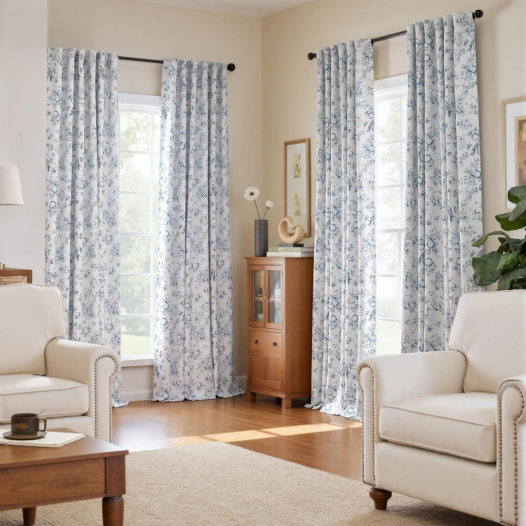 Blue 100% Blackout Curtains for Bedroom 96 Inch Length, Country Flower Floral Curtains for Living Room Toile