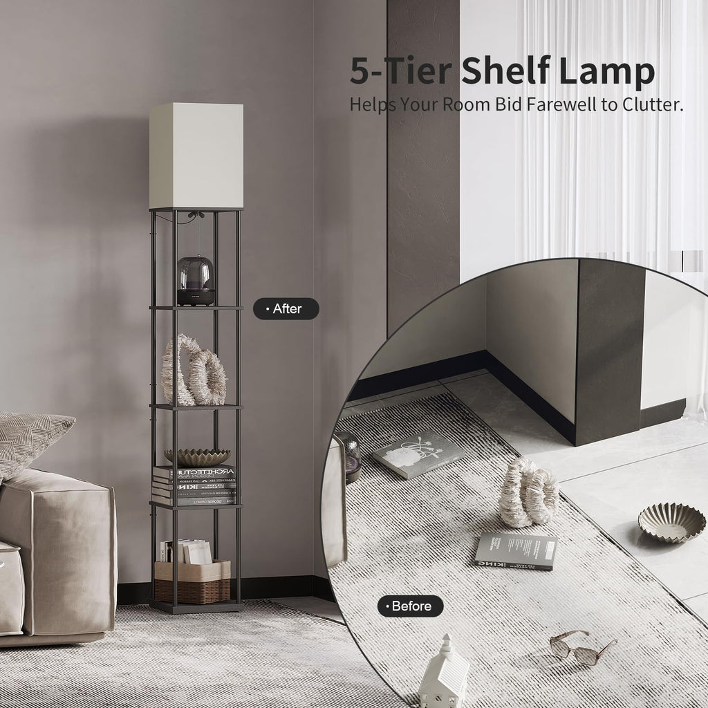 5 Tier Floor Lamp with Shelves, Modern Square Standing Lamp with 3 Color Temperature Bulb, Corner Display Bookshelf