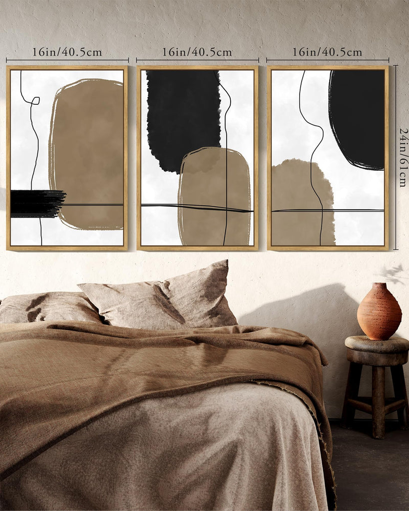 Abstract Wall Art Framed Neutral Beige Mid Century Textured Artwork Black Minimalist Line Modern Illustrations