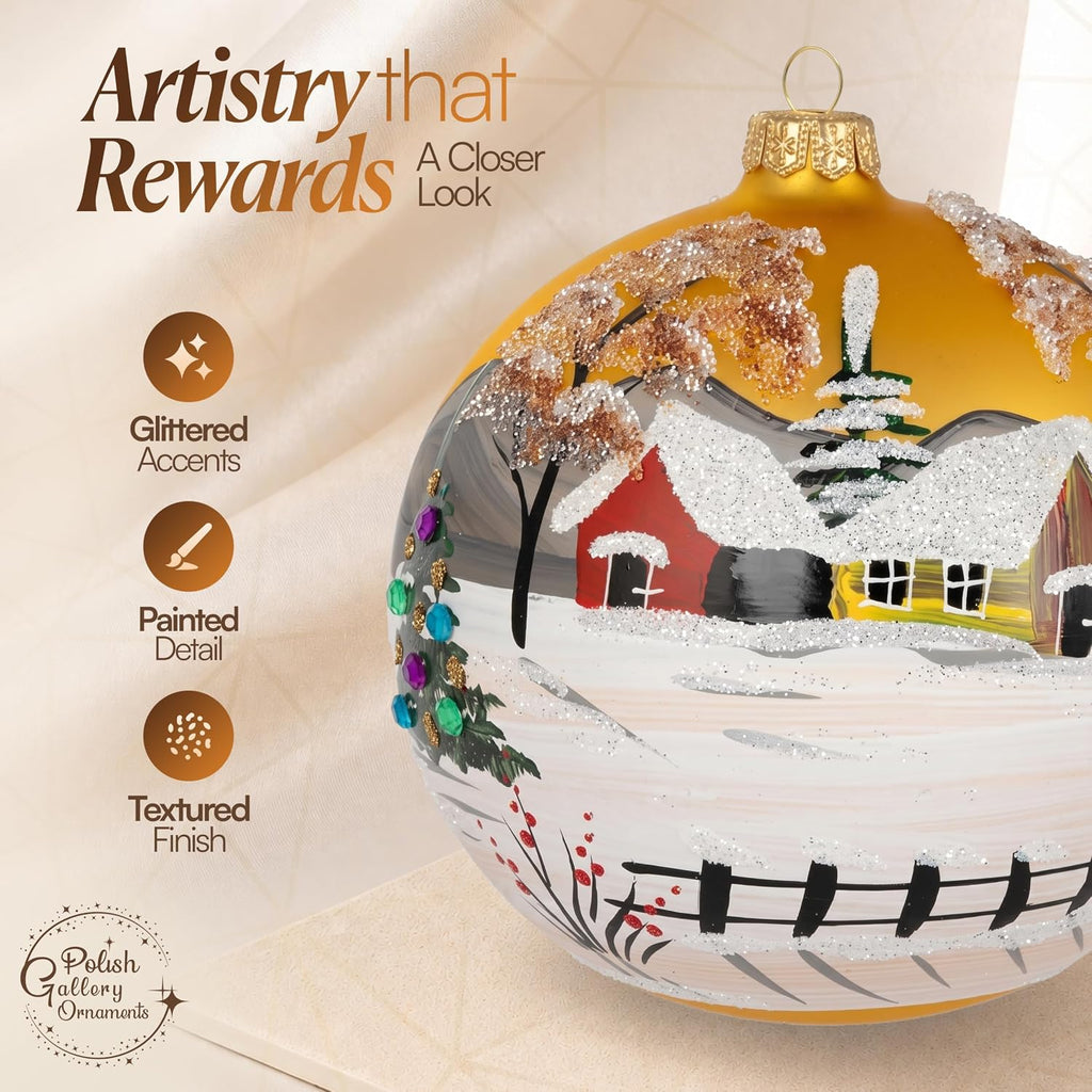 Hand Blown Glass Ball Christmas Ornament, 5 in, Countryside Gold