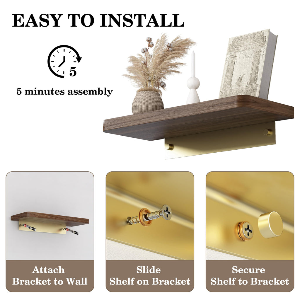 8 Inch Solid Wood Wall Shelf for Storage, Wall Mounted Rustic Walnut Wood Shelves