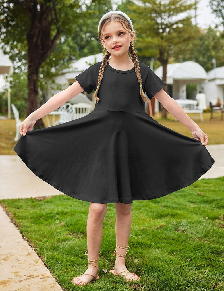 Girl's Summer Dresses Short Sleeve Casual Holiday Skater Twirl Dress with Pockets