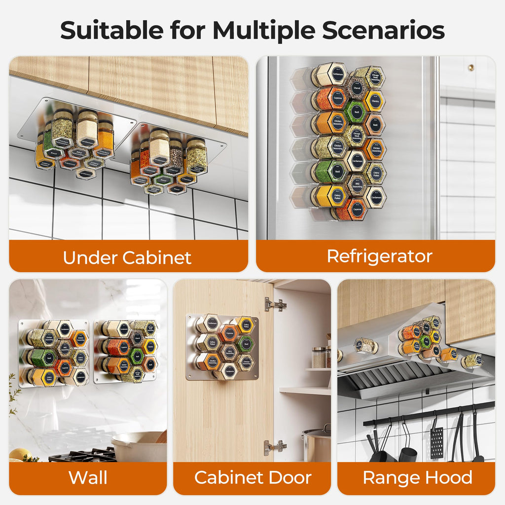 Set of 18 Magnetic Glass Spice Tins with 100 Preprinted Seasoning Label Stickers (Include Black Metal Wall-Plates)