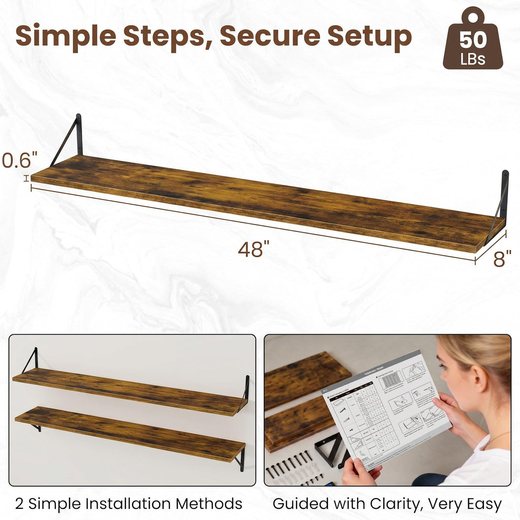 Deep Floating Shelves for Wall, 48W x 8D Wood Wall Shelves Set of 2, Wide Floating Bookshelf and Decor Storage, with