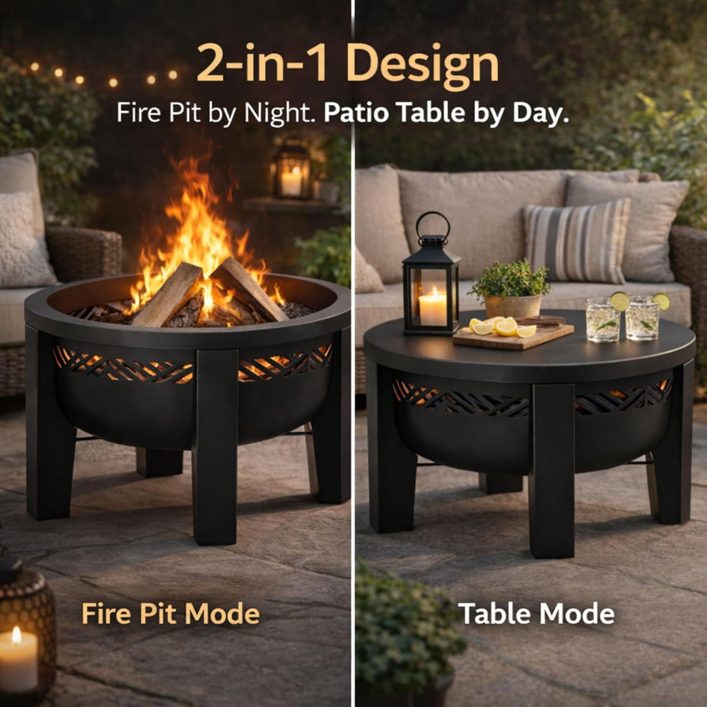 Fire Chief Wood Burning Fire Pit with Tabletop Lid - Modern Outdoor Metal Fire Pit