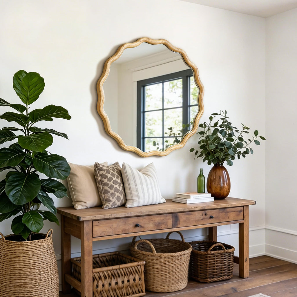 Round Wavy Wall Mirror, 28" Circle Boho Scalloped Mirror