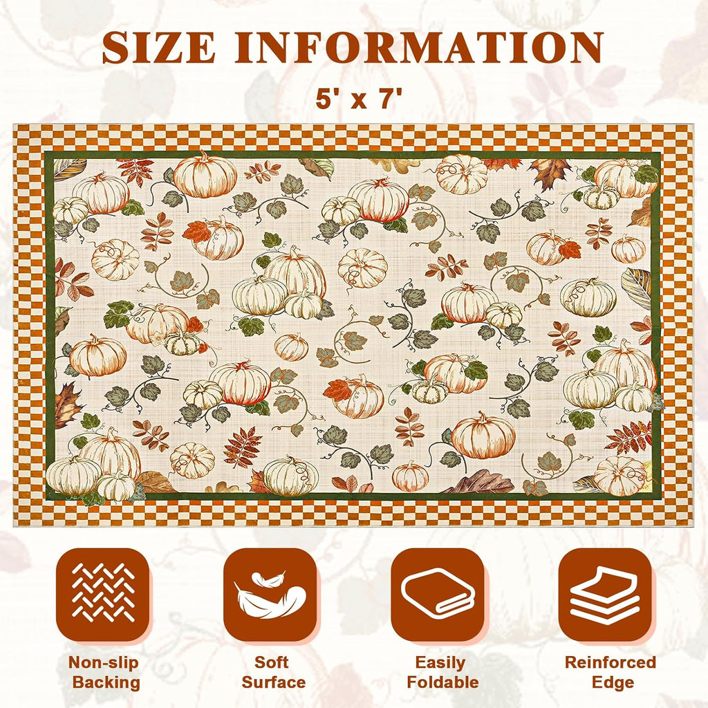 Fall Area Rugs Thanksgiving Washable Rug Non Slip, Pumpk Rug Low Pile Floor Carpet with Checkered Edge