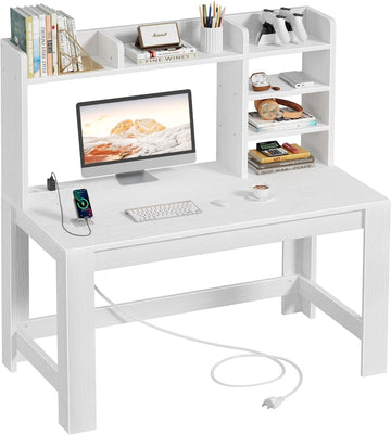 43" White Student Desk with Hutch and Built-in Power Outlet