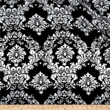Charmeuse Satin Old Damask Black/White, Fabric by the Yard
