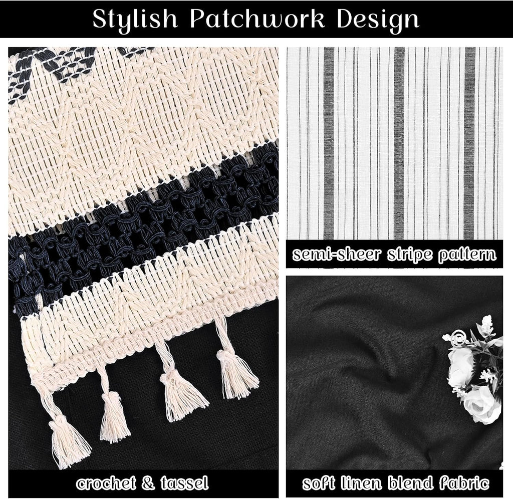 Farmhouse Linen Valance for Windows Boho Crochet Short Curtain with Tassel Country Black Valance Light Filtering Rod