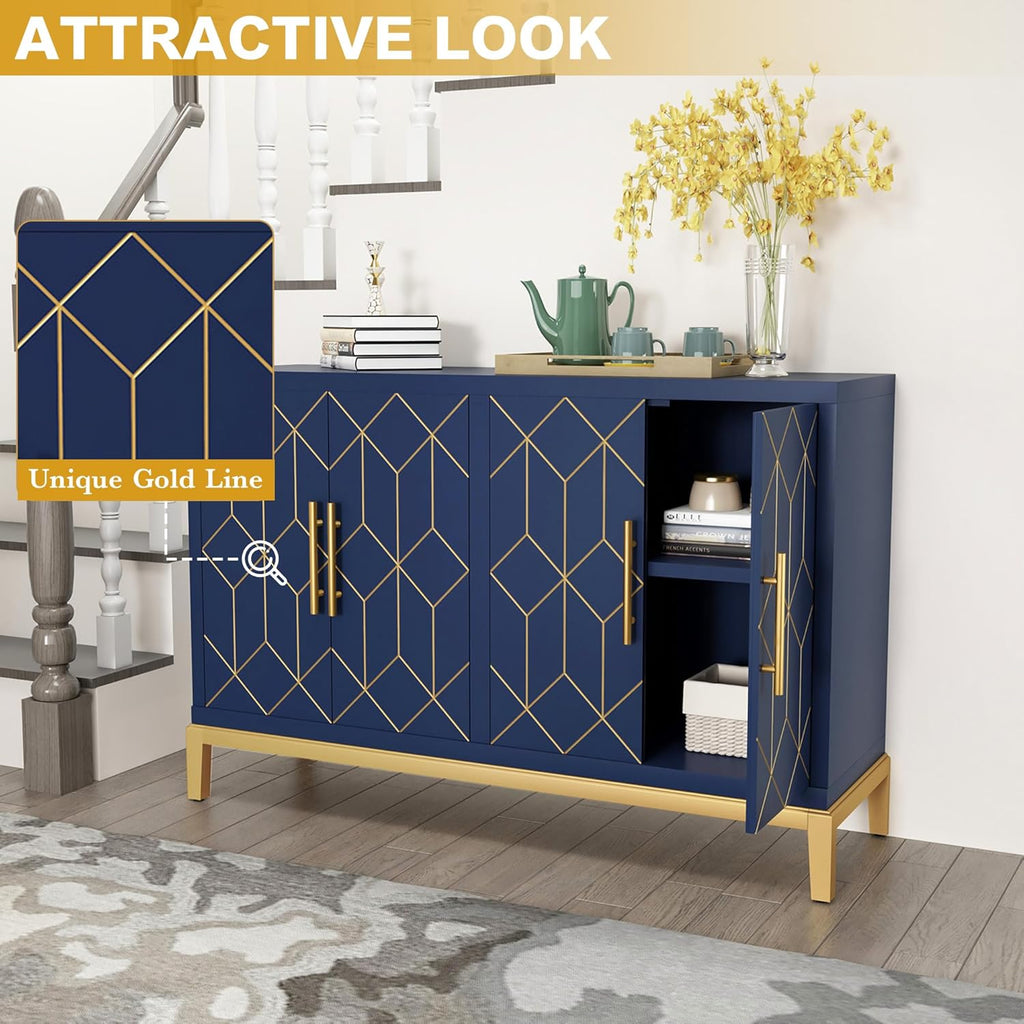 48" Accent Cabinet with 4 Doors and Shelves, Modern Credenza Storage Cabinet with Gold Trim