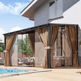 10'x12' Lean to Gazebo with Mosquito Net and Curtains, Aluminum Frame, Polycarbonate Panel, Wall Mounted Pergola with Sloped Roof for Backyard, Porch, Deck