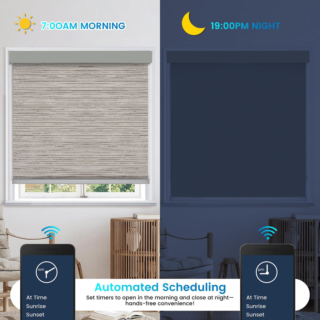 Motorized 100% Blackout Roller Shades - Smart Blinds with Remote Control, Rechargeable Battery or Plug-in Motor, Tuya