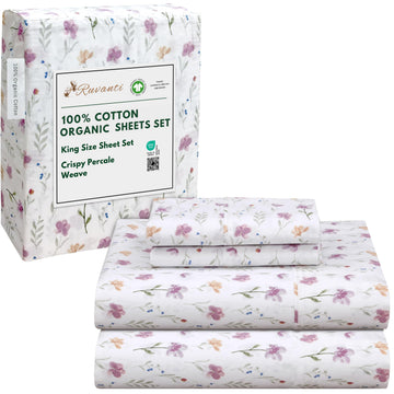 100% Cotton Organic Percale King Size Sheets Set, Obsessed Stems
