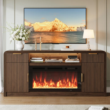 70" Fluted TV Stand with 36" Electric Fireplace, Entertainment Center for TVs Up to 80", Mid Century Modern TV Cabinet