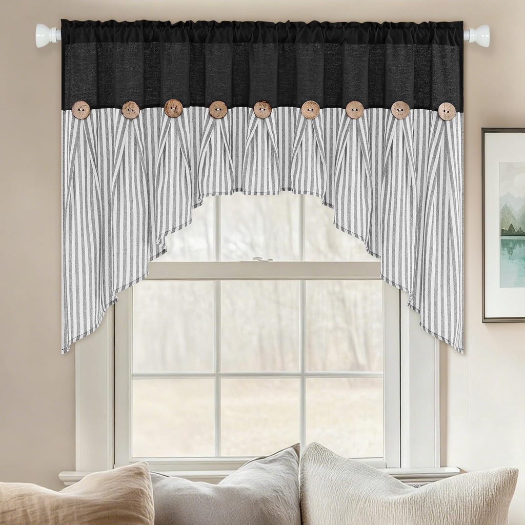 Farmhouse Cotton Linen Swag Valances for Windows, Boho Kitchen Curtains Valances with Rustic Buttons, Black Striped