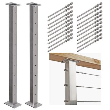 2 Pack Stainless Steel Cable Railing Post(2"×2") with 1/8 Cable Railing Kit, Level drilled (2, Silvery, 36 inch)