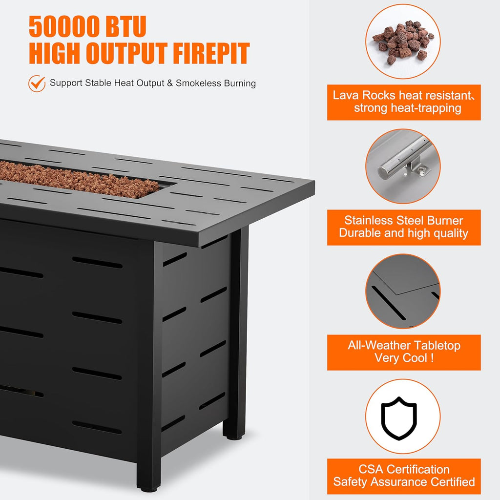 Walsunny 43 inch Outdoor Propane Fire Pit 50,000 BTU Gas Fire Pit Table with Lid, Waterproof Cover, Rectangle Gas Firepit Table for Garden/Patio, CSA - Image 5