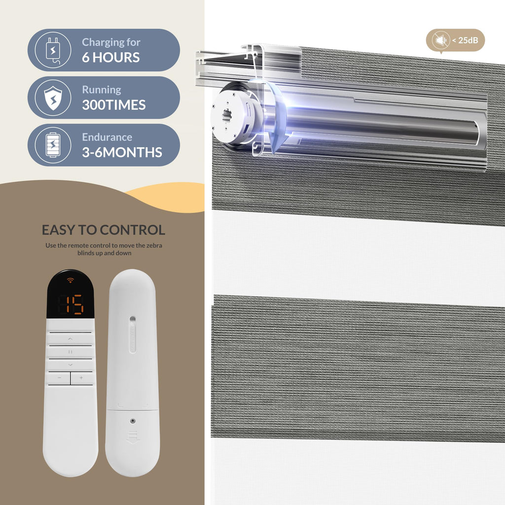 Motorized Zebra Blinds with Remote, APP, Voice Control - 95% Blackout Grey