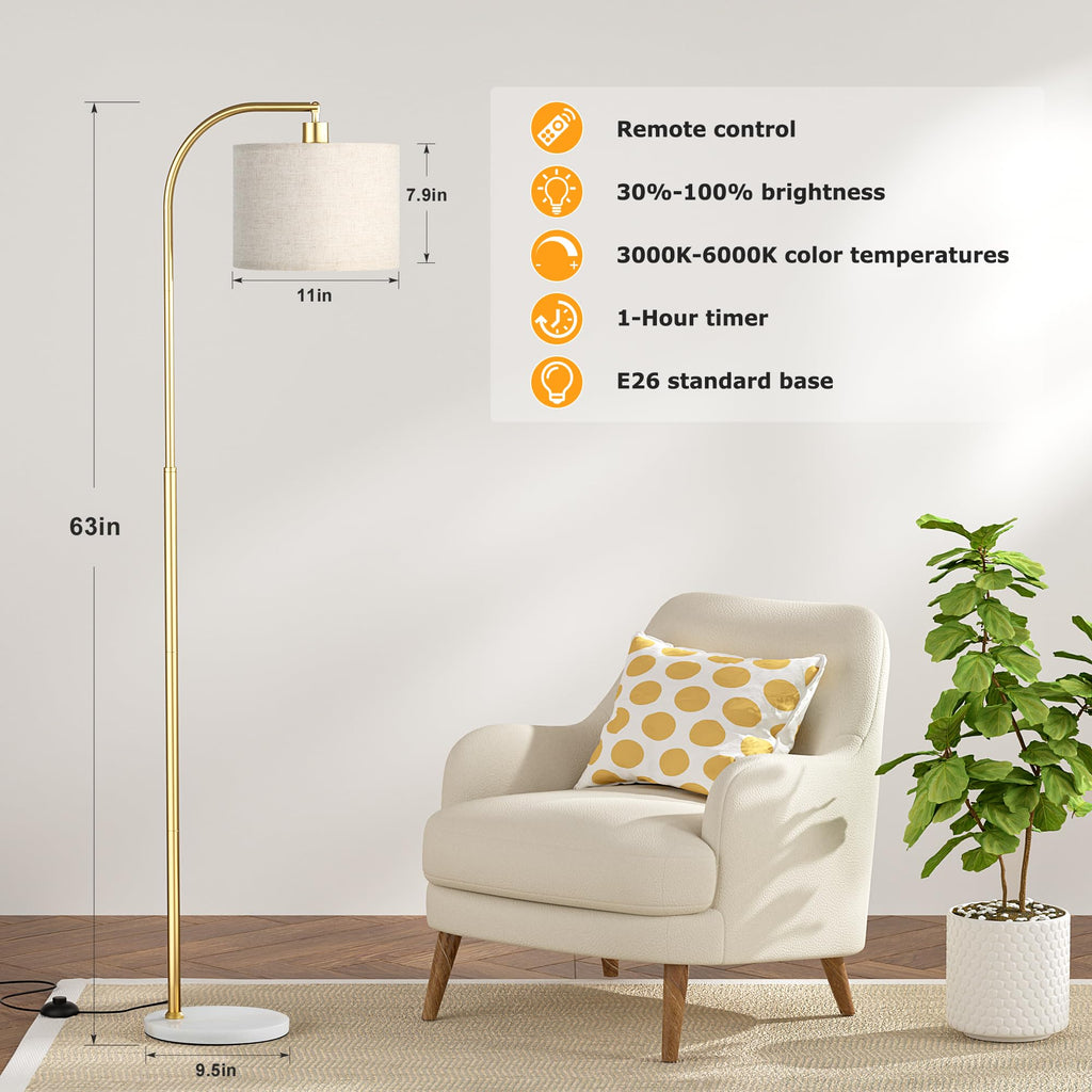 Arc Floor Lamp with Remote and Stepless Dimmable Bulb, Colors Temperature & Brightness Adjustable, Gold Pole & Marble