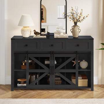 55 in Sideboard Buffet Cabinet with Storage, Sliding Barn Doors, 3 Drawers and Shelves, Farmhouse Coffee Bar Cabinet
