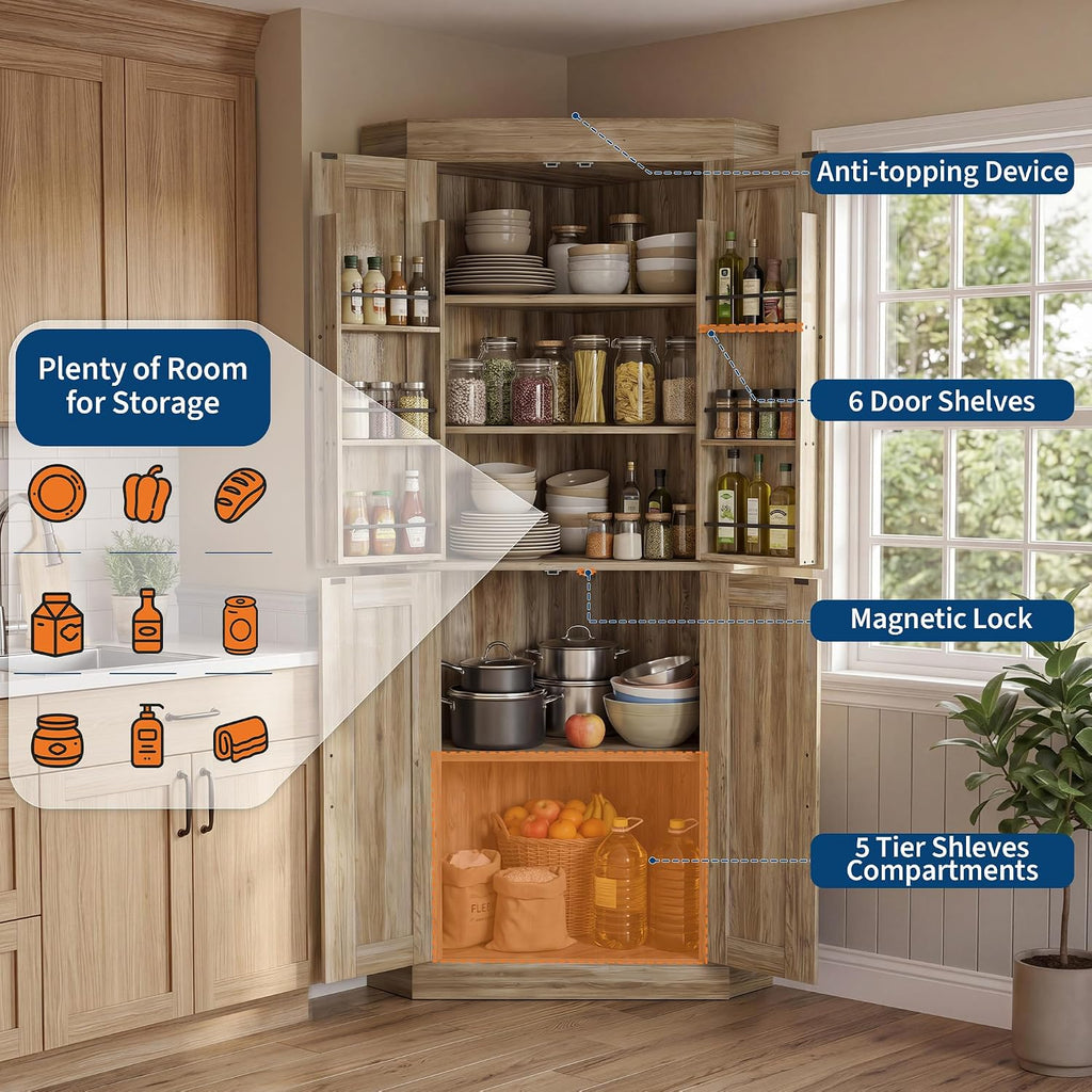 Farmhouse 71"Tall Corner Bar Cabinet,Heavy Duty Corner Kitchen Pantry Cabinet with 4 Doors&Shelves,Freestanding L