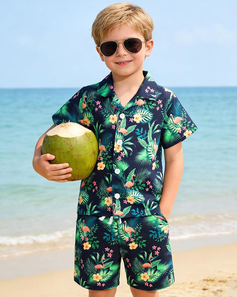 Boys Hawaiian Outfit 2Pcs Set Summer Beach Button-Down Shirt Top + Shorts for Kids