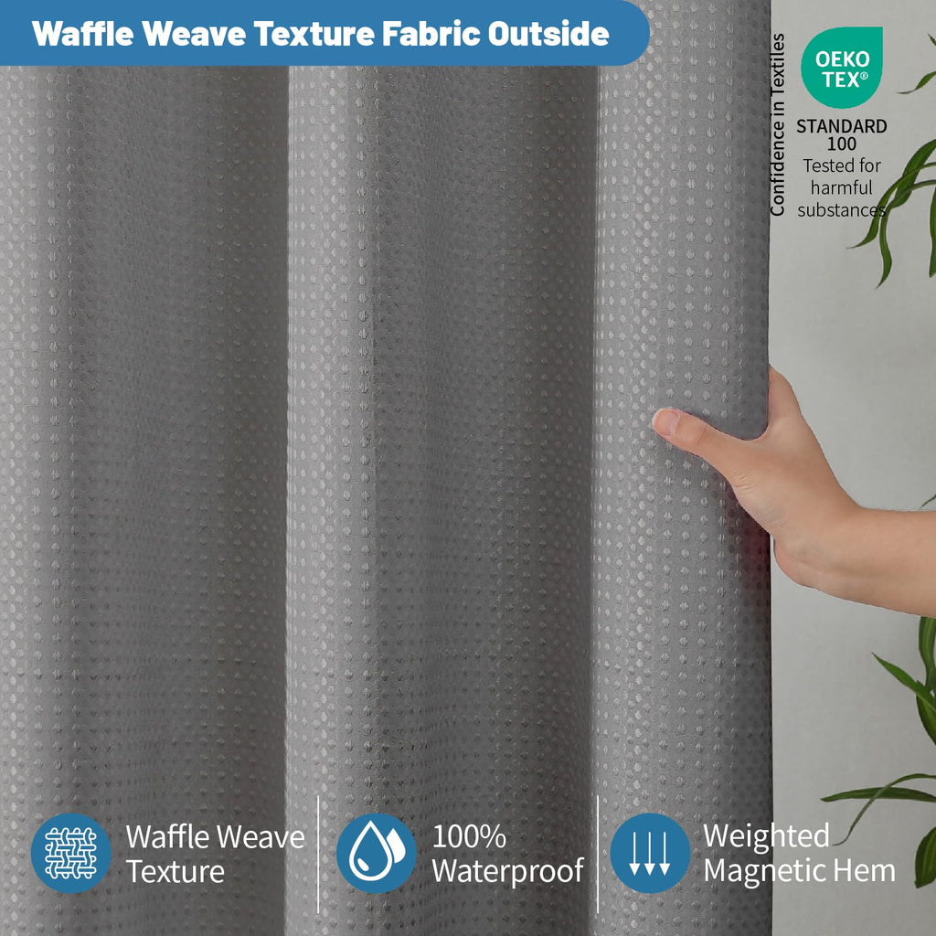 2-in-1 Waterproof Fabric Shower Curtain - No Separate Liner Needed, Hotel-Style Waffle Weave, Effortless Cleaning &
