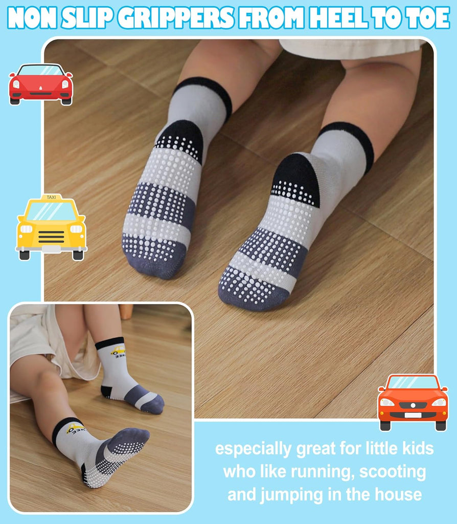 Toddlers Boys Non Slip Grip Socks Crew Cotton Socks with Grippers - 12 Pairs