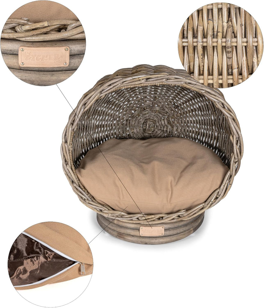 Socket Dome 19.5" x 17" Bohemian Handwoven Rattan Cat Bed with Machine-Washable Cushion, Kubu Gray