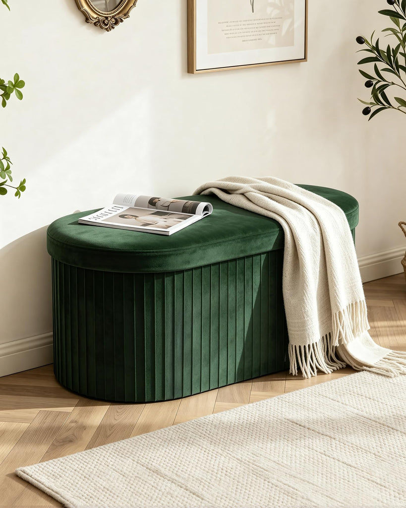 Folding Ottoman with Storage, Oval Velvet Storage Bench, Green