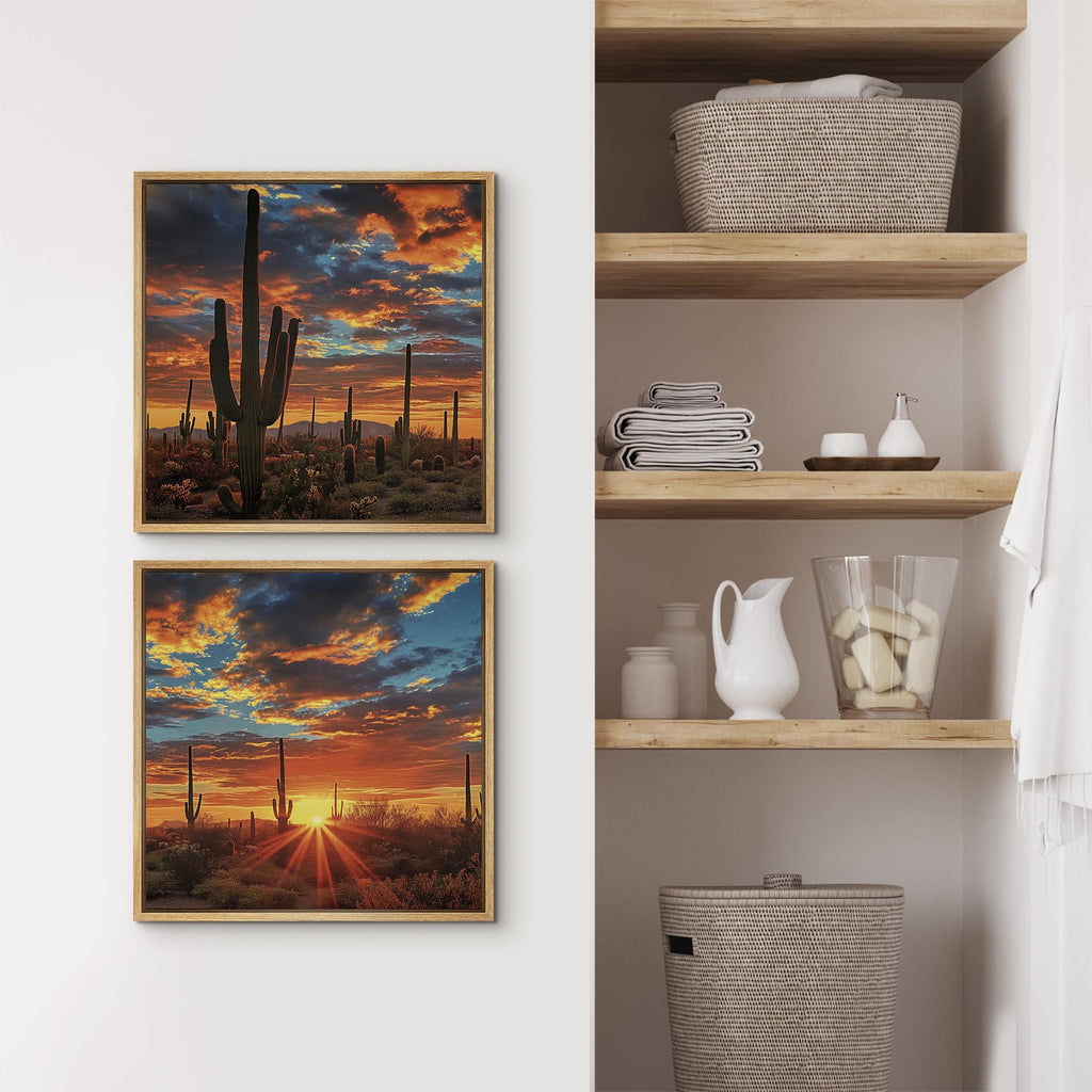 Framed Canvas Print Wall Art Set Desert Sunset Cactus Artwork, Dramatic Sky Southwest Landscape Illustrations Modern