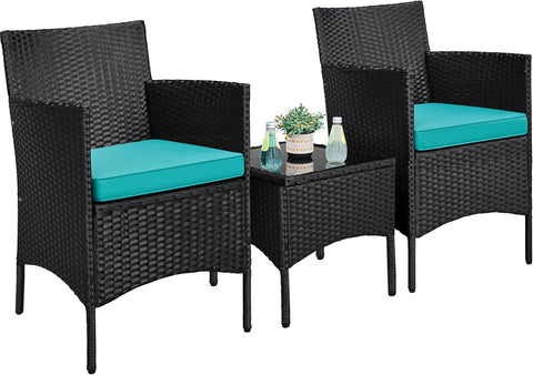 3 Pieces Patio Porch Furniture Set, Outdoor PE Rattan Wicker Conversation Set with Soft Cushions