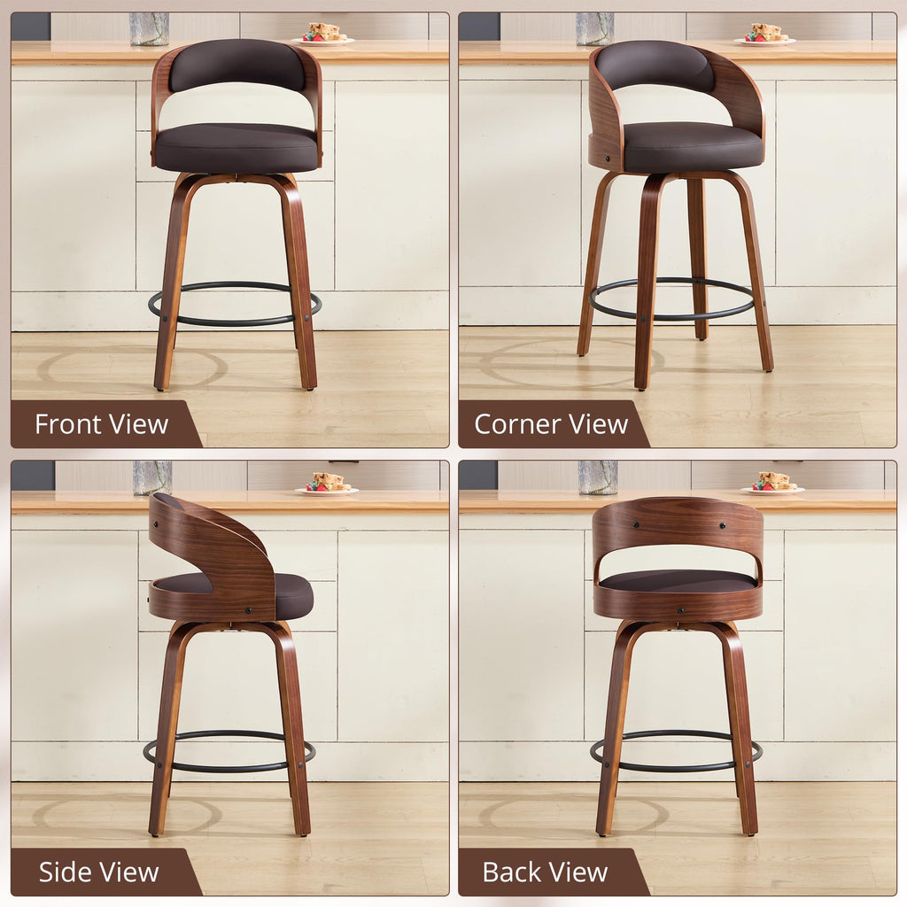 Swivel Bar Stool Set of 1, 26" Faux Leather Upholstered Counter Height Barstool with Back, Mid-Century Modern Bar Chair