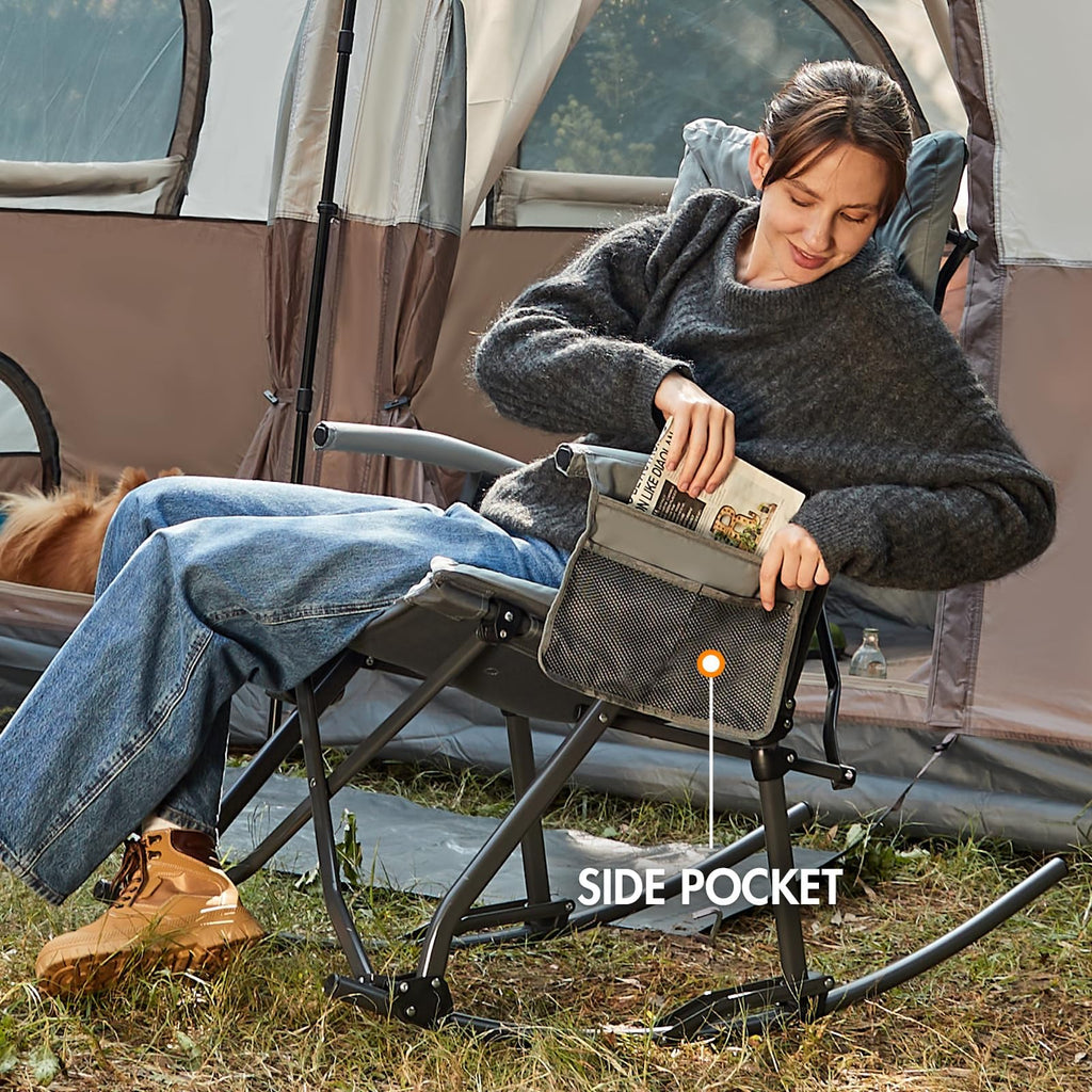 Oversized Padded Folding Rocking Camping Chair Outdoor 400 LBS Gray