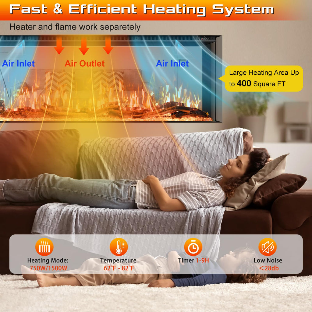71 inch 3 Sided 3D Mirrored Electric Fireplace Inserts, Smart WiFi Built-in Linear Fire Place Heater 1500/750W with