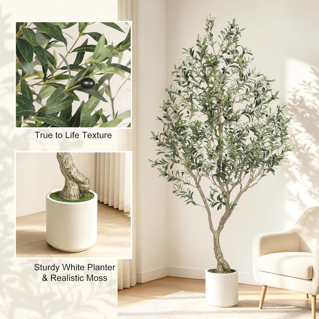 Faux Olive Tree 7ft with Sturdy White Planter, Artificial Olive Tree