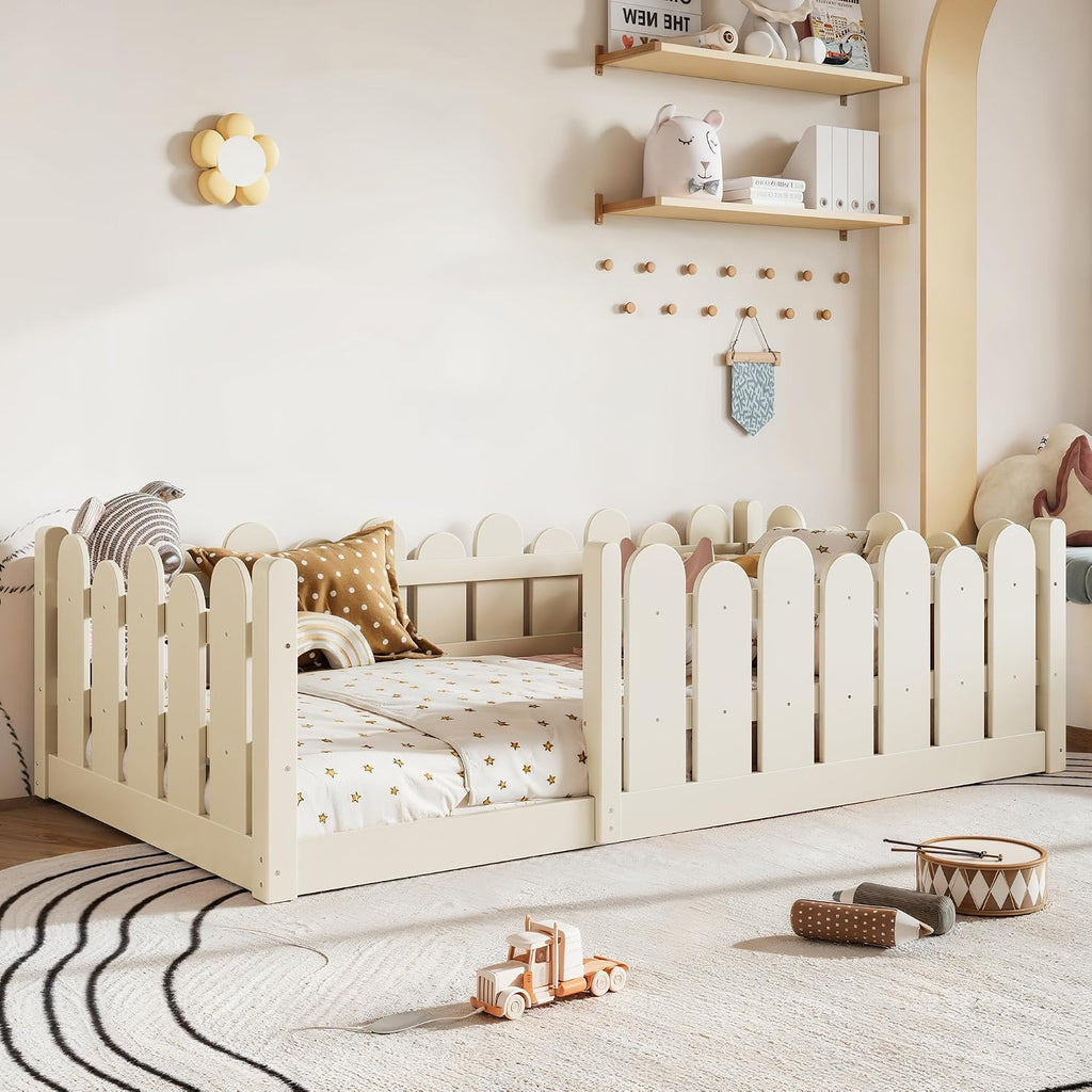 Twin Size Montessori Floor Bed with High Fence and Safety Guardrail, Solid Wood Floor Bed with Slats for Kids, Boys