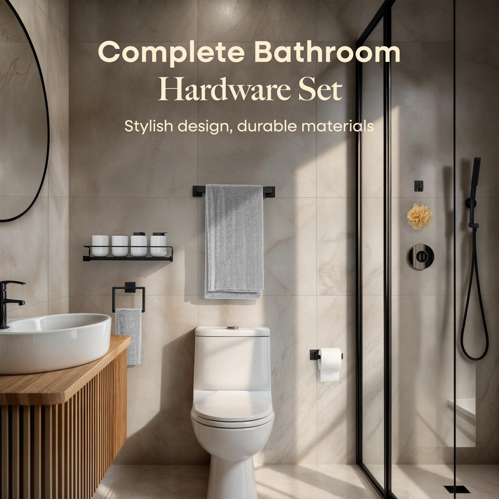 Black Bathroom Hardware Set, 4-Piece + 15.7" Shelf & Adhesive Robe Hook