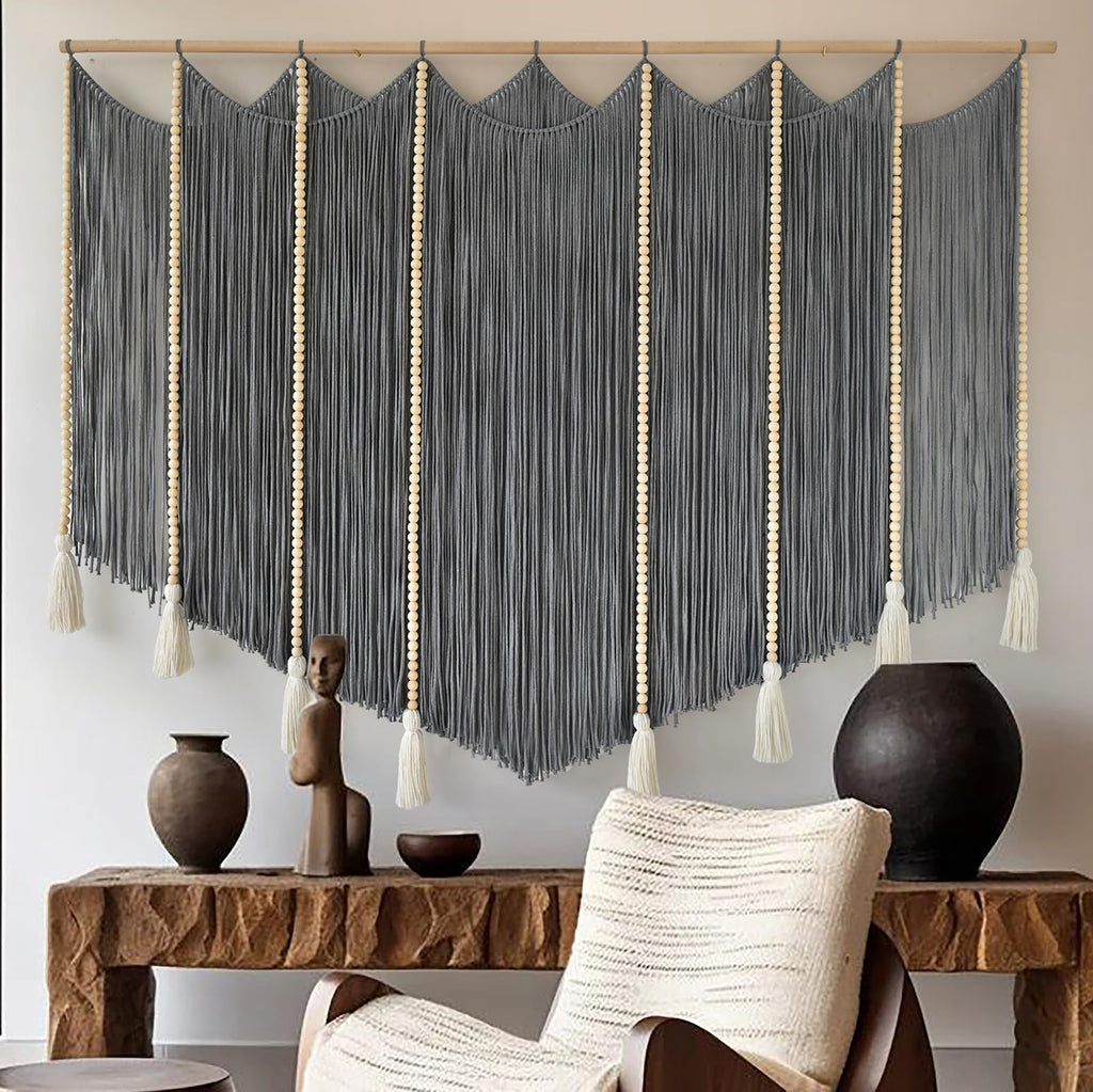 Macrame Wall Hanging Grey Woven Yarn Large Boho Wall Art 57" x 43"