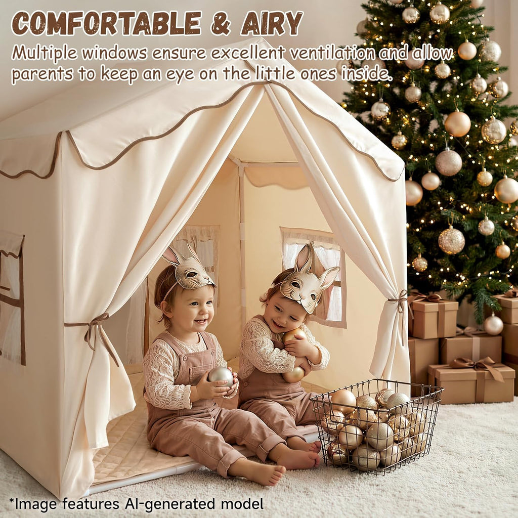 Kids Play Tent with Double Door Children's Playhouse Castle Tents - Beige