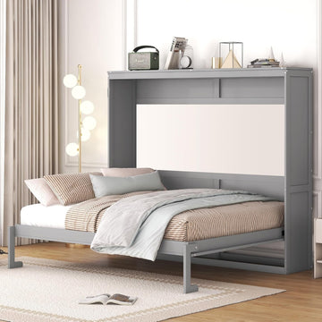 Modern Farmhouse Solid Wood Murphy Bed Chest, Wall Bed with Wood Slat Support/No Box Spring Needed/Space