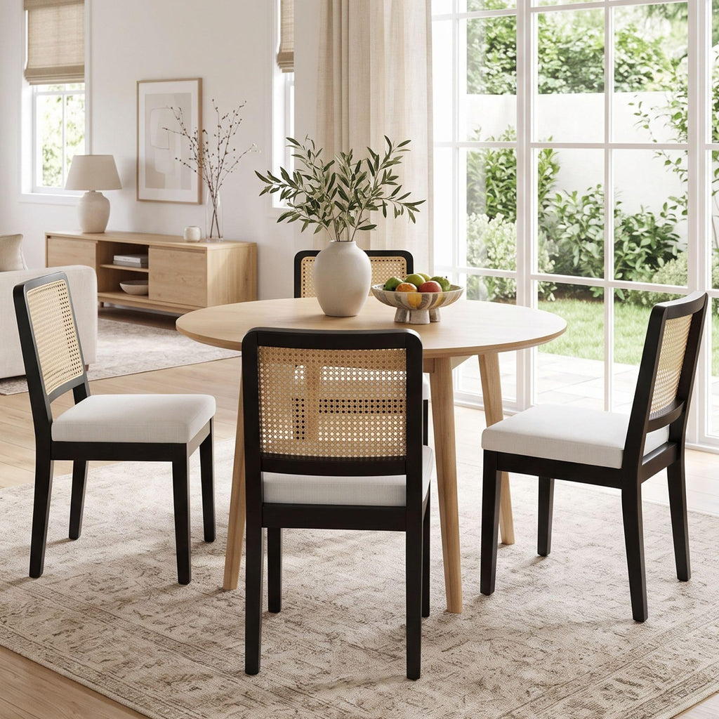 Modern Farmhouse Rattan Dining Chairs Set of 6, Beige Linen Upholstered Dining Room Chair with Cane Back Mid Century