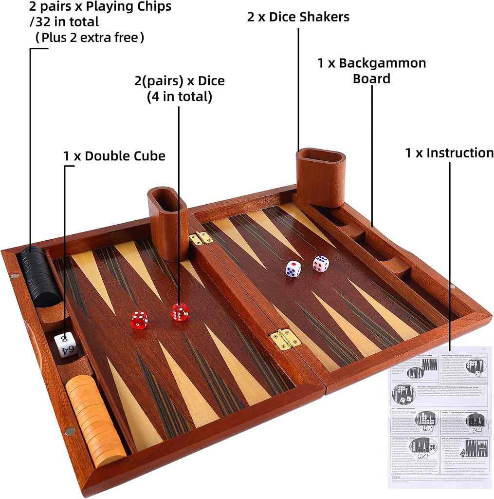 Wooden Backgammon Set for Kids, 13 Inches Backgammon Board Game Set with 32 Backgammon Pieces, 5 Dice & 2 Cups