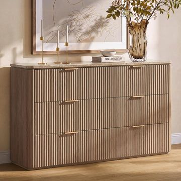 54"W Fluted 6 Drawer Bedroom Dresser, with Faux Marble Top, Natural Oak