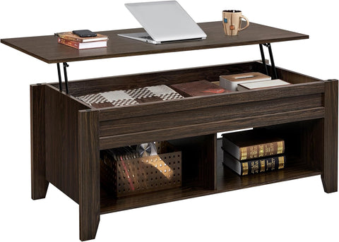 Lift Top Coffee Table with Hidden Storage Compartment & 2 Open Shelves