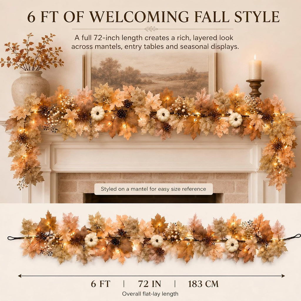 Fall Decor Garland with Lights, 6Ft, 30 Warm LED, White Pumpkins