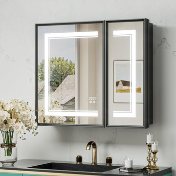 30x26 Inch Black Medicine Cabinet with Lights Mirror Tempered, 3-Color Stepless Dimmable LED Mirror Medicine Cabinet